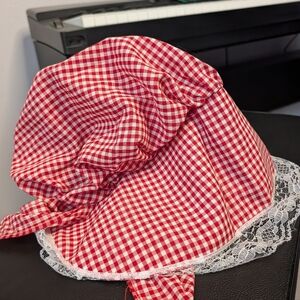 JHats Red‎ Gingham Prairie Bonnet w/ Lace Trim – Vintage Farmhouse Cottagecore